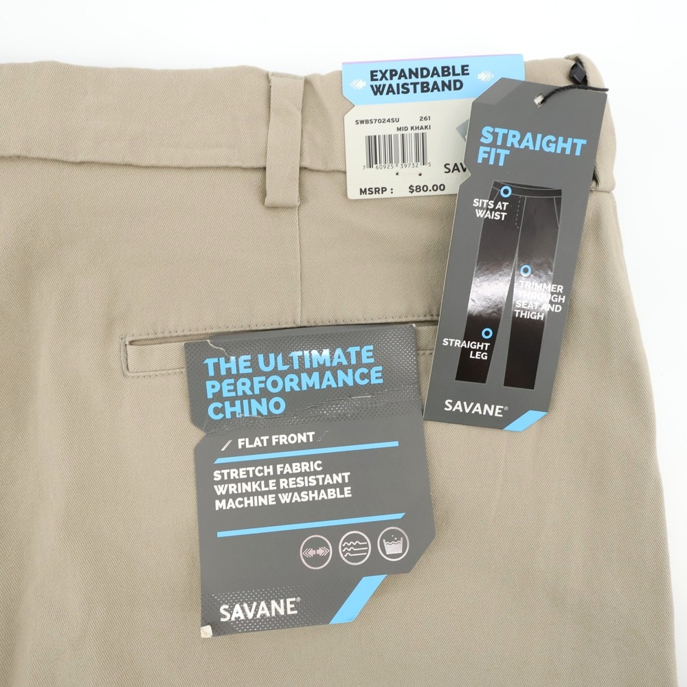 NEW Savane Performance Straight Fit Chino Pants Khaki Mens 38x32